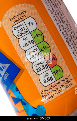 Nutritional information traffic light system labelling on bottle of drink Stock Photo