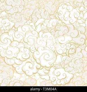 Chinese clouds hand drawn vector seamless pattern. Japanese, oriental style textile ornament. Golden outline swirls, curls background. Asian traditional holidays postcard backdrop, wrapping paper Stock Vector