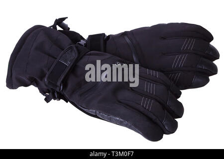 Black leather waterproof winter male gloves isolated on a white background, warm mittens alpine skiing. Skiing Stock Photo