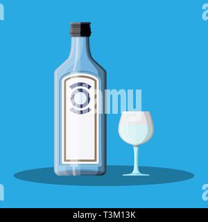 Bottle of gin with shot glass. Gin alcohol drink. Vector illustration in flat style Stock Vector