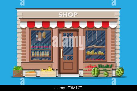 Daily products shop. Local fruit and vegetables store building. Groceries crates in front of storefront. Vector illustration in flat style Stock Vector