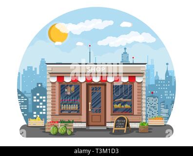 Daily products shop. Local fruit and vegetables store building. Groceries crates in front of storefront. Cityscape, clouds, sun. Vector illustration i Stock Vector