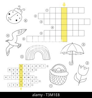 Crossword educational children game with answer. Learning Spring theme puzzle. Coloring book for children of preschool and school age. With the answer Stock Vector