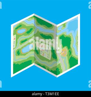 Folded paper city suburban map. Abstract generic map with roads, buildings, parks, river, lake. GPS and navigation. Vector illustration in flat style Stock Vector