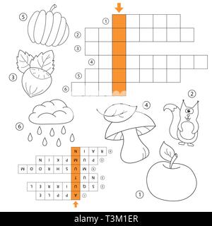 Winter crossword for kids. Task and answer. Coloring book for children of preschool and school age. With the answer. Stock Vector