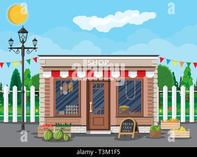 Daily products shop. Local fruit and vegetables store building. Groceries crates in front of storefront. Fair, trees, grass, clouds, sun. Vector illus Stock Vector
