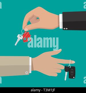 Hand holds metal key with keychain house and car key with alarm system. Buy, rental or lease a house or car. Vector illustration in flat style Stock Vector