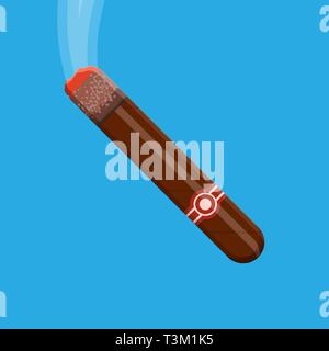 Smoking cigar. Brown Cuba cigar with label. Tobbaco industry. Cigarilla isolated on blue. Vector illustration in flat style Stock Vector