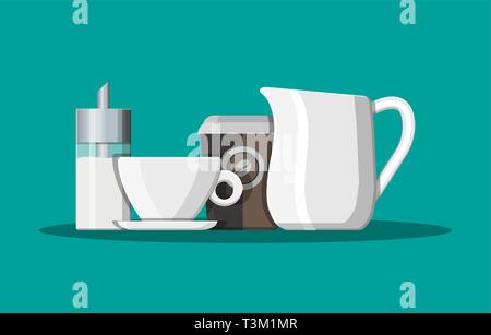 Coffee on saucer, milk jug, sugar dispenser and paper coffee cup. Vector illustration in flat style Stock Vector