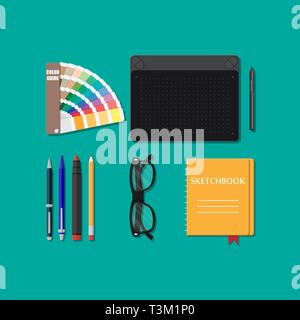 Drawing tools isolated, equipment for designer, working place of artist. Glasses, sketchbook, graphic tablet, pantone, pen pencil marker. Vector illus Stock Vector
