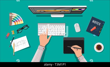 Designer workplace. Illustrator desktop with tools. Desktop pc, keyboard, mouse, glasses, notes, pen, coffee. Sketch on paper blank. Hands drawing on  Stock Vector