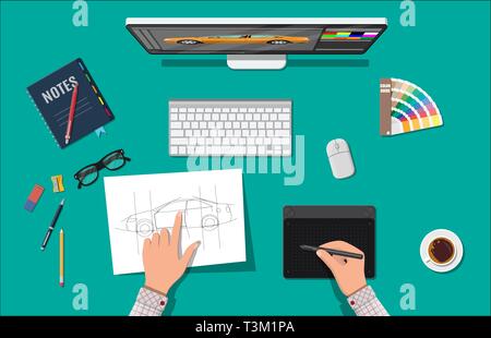 Designer workplace. Illustrator desktop with tools. Desktop pc, keyboard, mouse, glasses, notes, pen, coffee. Sketch on paper blank. Hands drawing on  Stock Vector