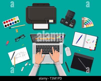 Designer workplace. Illustrator desktop with tools. Laptop pc, photo camera, mouse, glasses, notes, pen, printer. Sketch on paper blank. Hands work gr Stock Vector