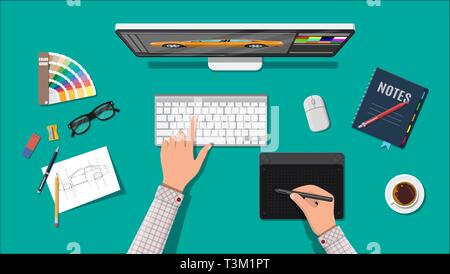 Designer workplace. Illustrator desktop with tools. Desktop pc, keyboard, mouse, glasses, notes, pen, coffee. Sketch on paper blank. Hands drawing on  Stock Vector