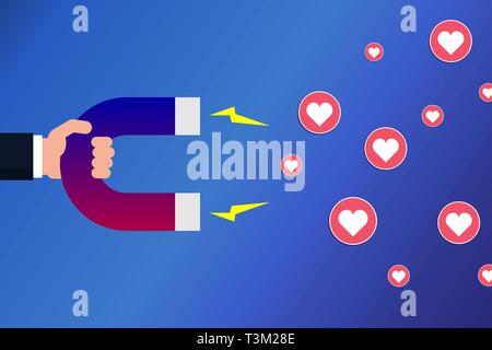 Hand with a magnet attracting hearts. Social media marketing concept. Popularity on social networks. Influencer. Vector illustration, flat style. Stock Vector