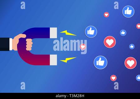 Hand with a magnet attracting likes and hearts. Social media marketing concept. Popularity on social networks. Influencer. Vector illustration, flat. Stock Vector