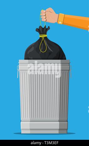 Huge waste trash can isolated on blue. Hand with bag for garbage. Metal bucket. Garbage recycling and utilization equipment. Waste management. Vector  Stock Vector