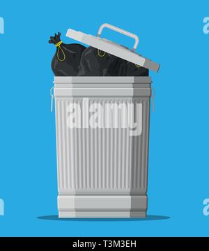 Huge waste trash can isolated on blue. Bin full of plastic bags with garbage. Metal bucket. Garbage recycling and utilization equipment. Waste managem Stock Vector