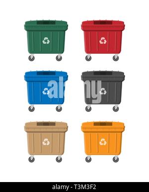 Huge waste trash can isolated on white. Container for garbage. Dumpster on wheels. Garbage recycling and utilization equipment. Waste management. Vect Stock Vector