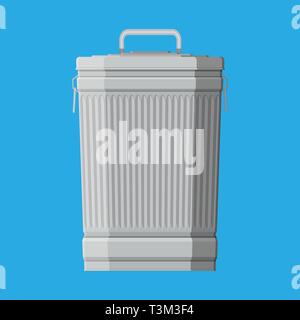 Huge waste trash can isolated on blue. Container for garbage. Metal bucket. Garbage recycling and utilization equipment. Waste management. Vector illu Stock Vector
