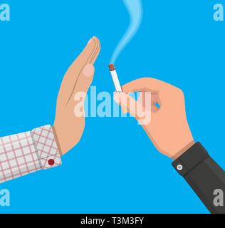 Tobacco abuse concept. Hand gives cigarette to other hand. No smoking. Rejection, proposal smoke. Vector illustration in flat style. Stock Vector