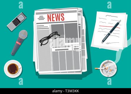 Journalist workplace. Newspaper, mouse. Paper sheets with text, pen. Ashtray, cigarette, coffee Eyeglasses recorder microphone Vector illustration in  Stock Vector