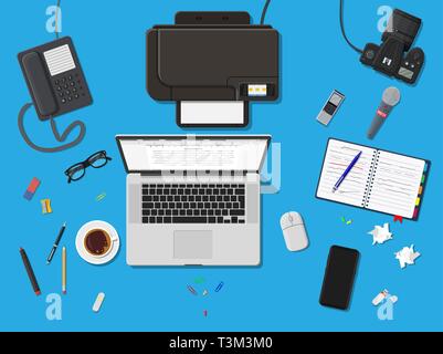 Writer or journalist workplace. Laptop pc, smartphone, mouse. Paper sheets with text, pen. Printer, recorder, coffee. Eyeglasses phone microphone, pho Stock Vector