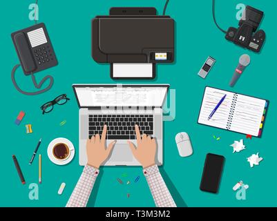 Writer or journalist workplace. Laptop pc, smartphone, mouse. Paper sheets with text, pen. Printer, recorder, coffee. Eyeglasses phone microphone, pho Stock Vector
