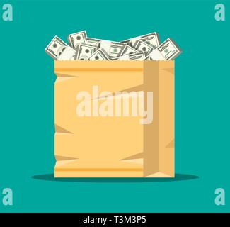 Stack of dollar banknotes in paper shopping bag. Concept of shopping savings, donation, paying. Vector illustration in flat style Stock Vector