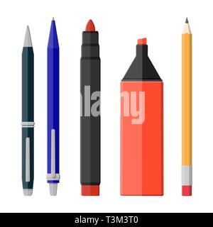 Pens, pencil, markers set isolated on white. Ballpoint pen, pencil with rubber eraser and felt pen. Office supply and stationery set. Vector illustrat Stock Vector