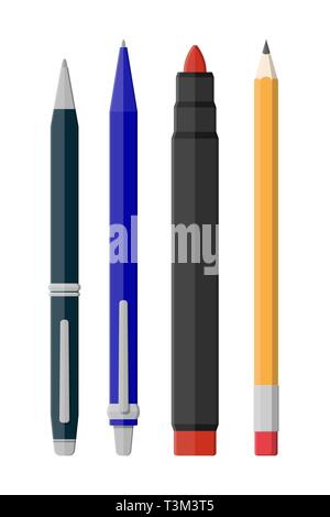 Pens, pencil, markers set isolated on white. Ballpoint pen, pencil with rubber eraser and felt pen. Office supply and stationery set. Vector illustrat Stock Vector