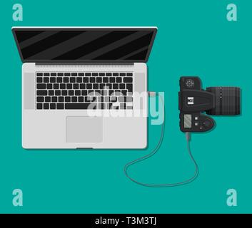 Photo camera plugged to laptop usb port. Import photos from camera to computer. Vector illustration in flat style Stock Vector