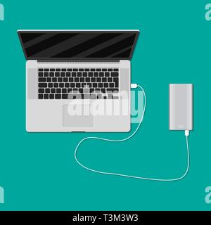 Laptop plugged and charging from powerbank usb port. Vector illustration in flat style Stock Vector