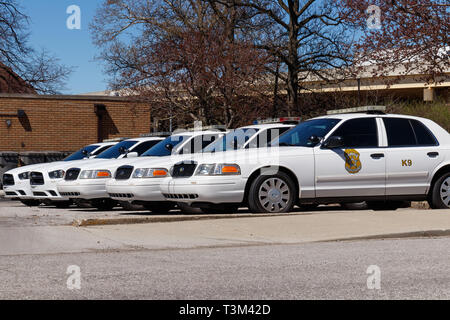 Indianapolis - Circa April 2019: Fleet of Indianapolis Metropolitan Police Department cars. IMPD has jurisdiction in Marion County II Stock Photo