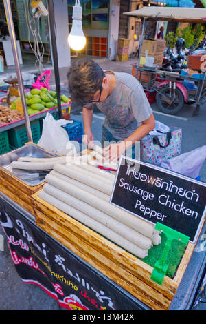 Sausage stall, Night Market, Walking Street, Krabi town, Thailand Stock Photo