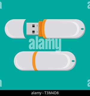 USB PC flash drive isolated on white. Memory computer device. Solid state drive in flat style. Storage stick for usb port vector illustration Stock Vector