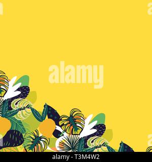 Tropical fruits and leaves juicy banner template. Yellow copyspace bright abstract textured vector background. Stock Vector