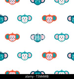 Seamless pattern with monkey on white background. Blue and red colors fun design. Stock Vector