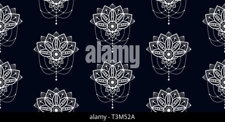 Mehendi mandala design flower with hanging pendent details vector seamless pattern illustration. Stock Vector