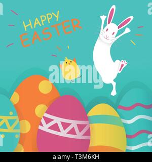 Happy Easter Blue Background. Vector Illustration. Spring Holiday Concept, place for text. Flat Icons - Chicken, Rabbit and Eggs. Easter greeting card Stock Vector