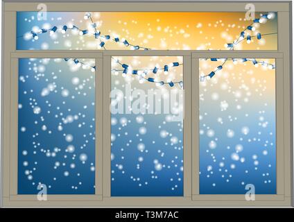 winter window. frosted window with christmas light Stock Vector