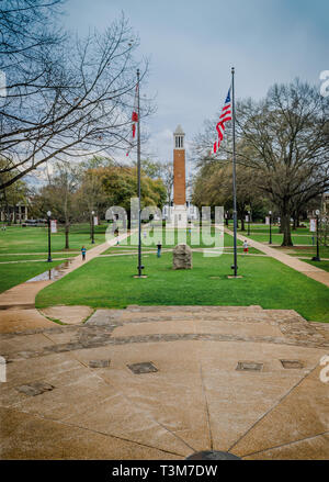 Denny Chimes and the University of Alabama's quadrangle is seen from the steps of the Amelia Gayle Gorgas Library in Tuscaloosa, Alabama. Stock Photo
