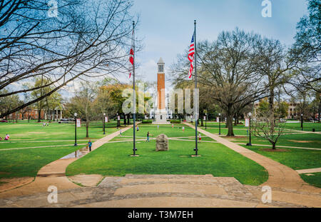 Denny Chimes and the University of Alabama's quadrangle is seen from the steps of the Amelia Gayle Gorgas Library in Tuscaloosa, Alabama. Stock Photo