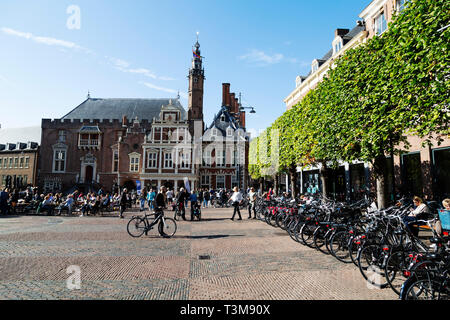 Bicycles parked on the Grote Markt in Haarlem, the Netherlands. The market square is in the centre of the city. Stock Photo