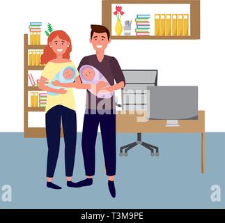 couple carrying babys avatar cartoon character indoor studio office vector illustration graphic design Stock Vector