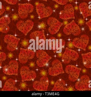 Seamless Background, Valentine Holiday Hearts with Tile Pattern of Symbolical Flowers, Plants, Stars and Rings. Eps10, Contains Transparencies. Vector Stock Vector