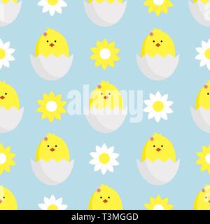 decorating textiles, packaging and wallpapers for children. Seamless vector illustration with daisies,chamomile and chickens on blue background. Stock Vector