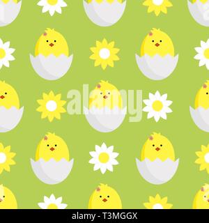 decorating textiles, packaging and wallpapers for children. Seamless vector illustration with daisies,chamomile and chickens on green background. Stock Vector