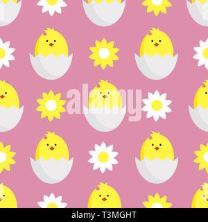 decorating textiles, packaging and wallpapers for children. Seamless vector illustration with daisies,chamomile and chickens on pink background. Stock Vector
