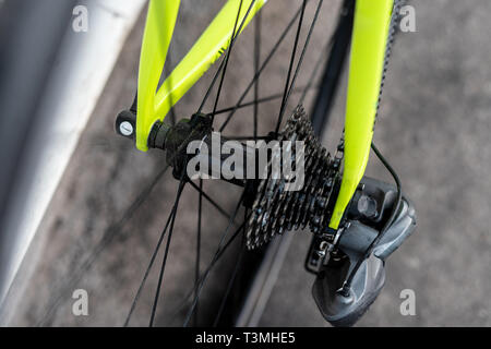 Road bicycle rear wheel hub with multi speed cassette and chain with spokes and rim Stock Photo